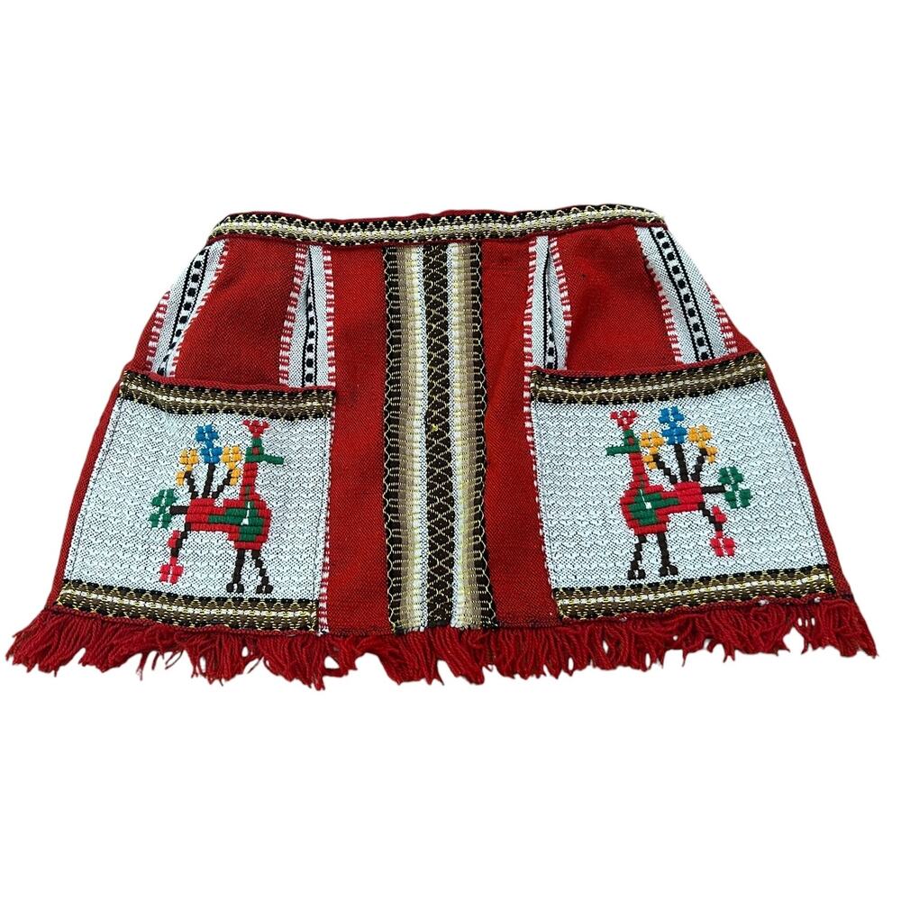 Vintage Bulgarian Embroidered Wool Apron Fringe Folk Art Ethnic Pockets -